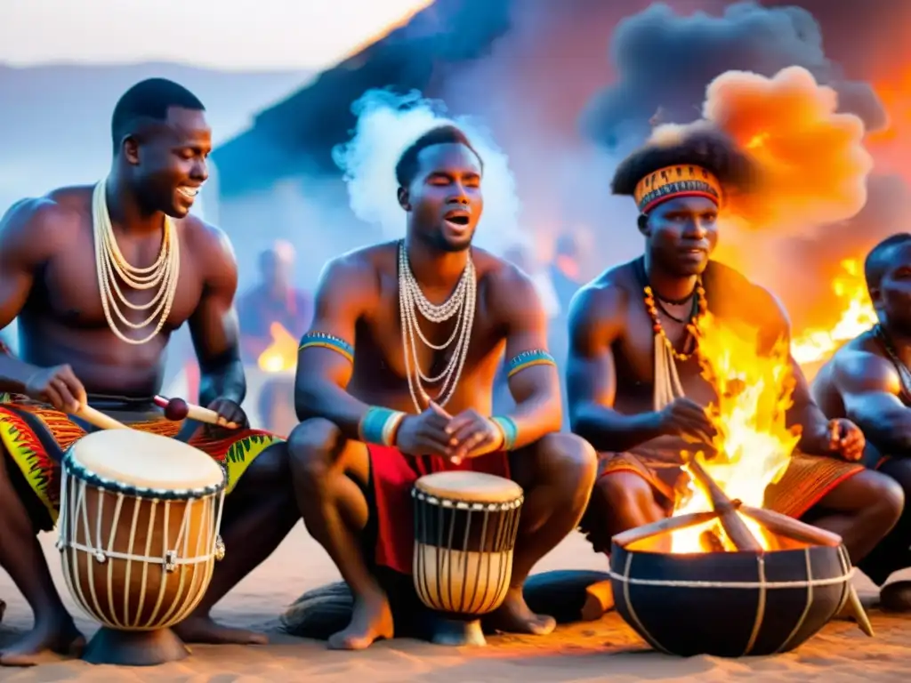 Grupo de músicos africanos tocando instrumentos tradicionales alrededor de una fogata, en una ceremonia ancestral africana significado danza