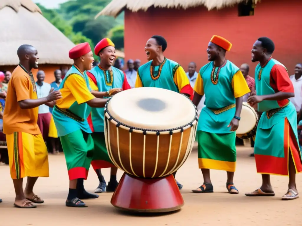 Ritmos Africanos: Alegría en la Plaza del Pueblo Grupo de músicos africanos tocando ritmos tradicionales de percusión africana, rodeados de espectadores emocionados en una colorida plaza del pueblo