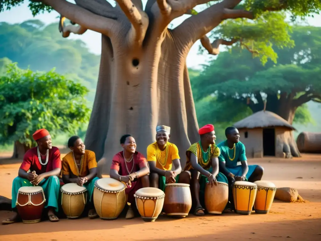 Grupo de músicos africanos tocando ritmos Gumbé bajo un baobab en Sierra Leona, envueltos en una atmósfera de pasión y tradición