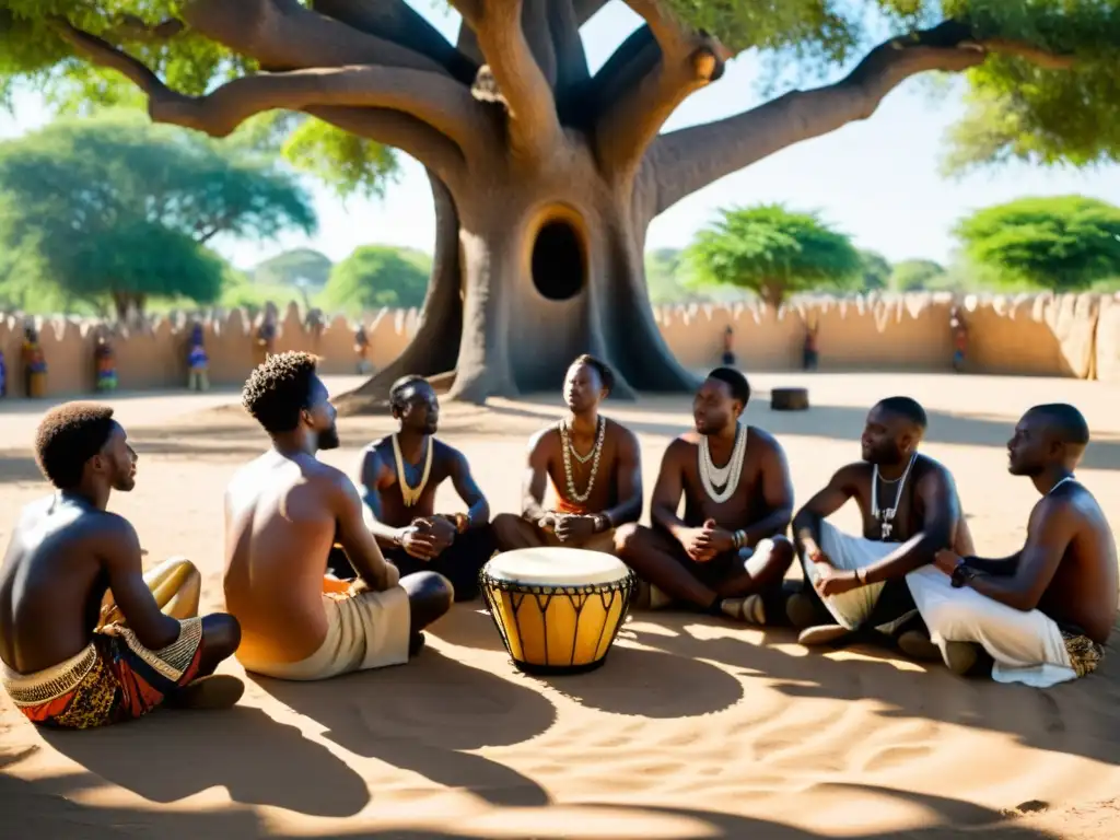 Concierto de Djembés bajo el Árbol: Pasión Africana Un grupo de músicos africanos toca ritmos tradicionales de percusión africana bajo la sombra de un árbol