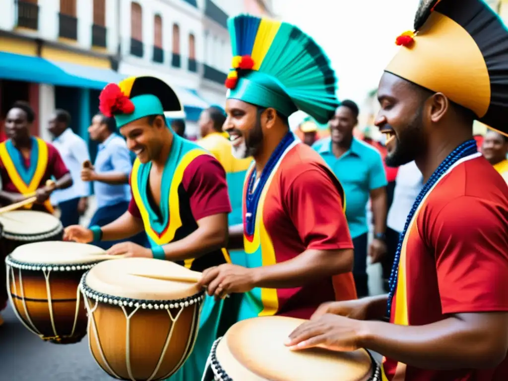 Grupo de músicos afro-uruguayos tocando tambores candombe en desfile callejero, capturando la energía y significado cultural del candombe afrouruguayo