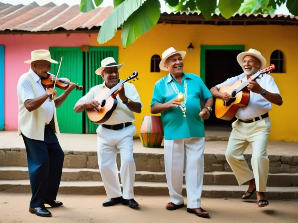 Grupo de músicos ancianos ejecutan merengue en una aldea dominicana