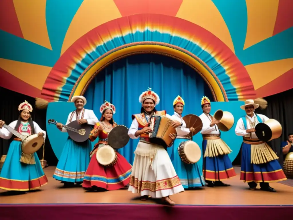 Grupo de músicos andinos en un escenario vibrante con danzantes en trajes de Diablada