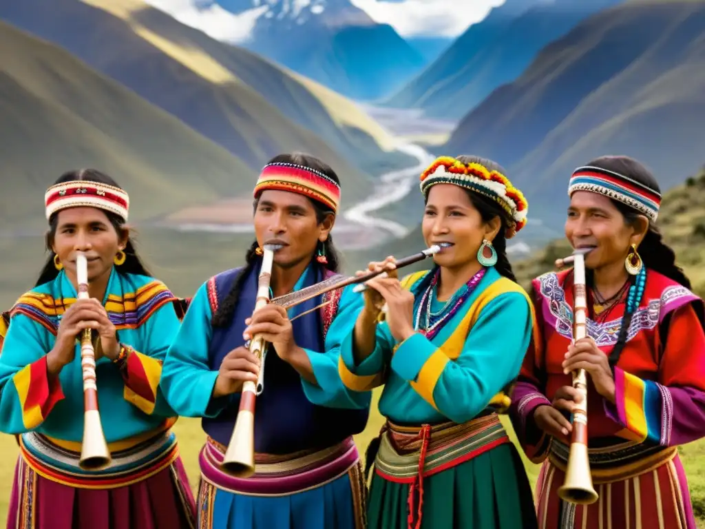 Un grupo de músicos Andinos toca las flautas de pan Andinas Incas, vistiendo trajes tradicionales, con los majestuosos Andes de fondo