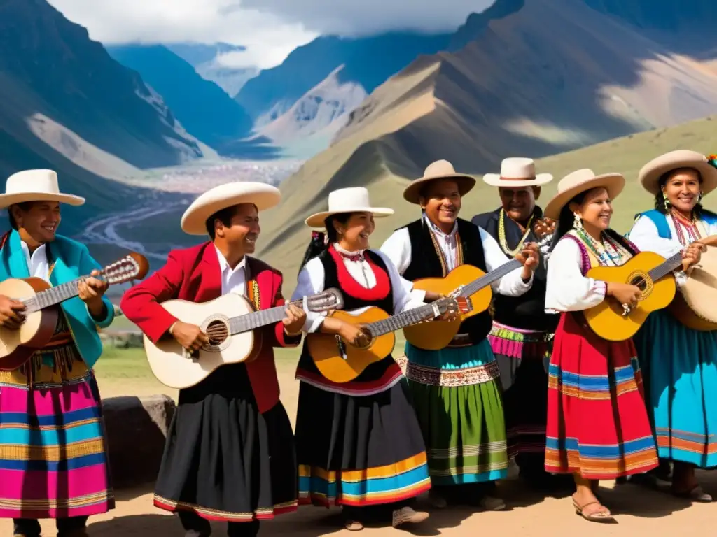 Un grupo de músicos andinos tocando instrumentos tradicionales, rodeados de gente bailando al ritmo de la música