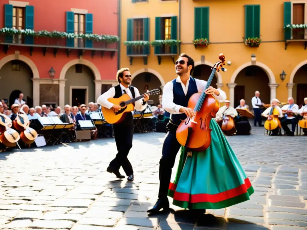 Un grupo de músicos apasionados toca tarantella italiana en una plaza soleada, vistiendo trajes tradicionales