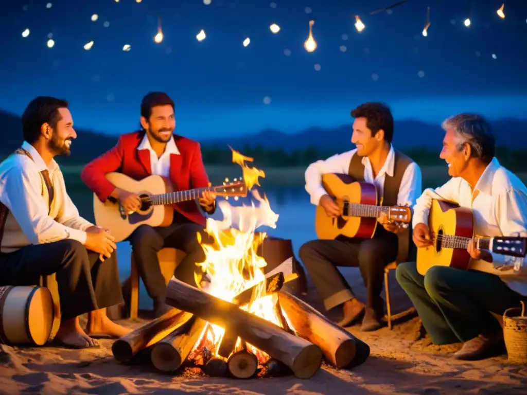 Un grupo de músicos argentinos conectados en un fogón, tocando música folklórica con pasión bajo el cielo estrellado