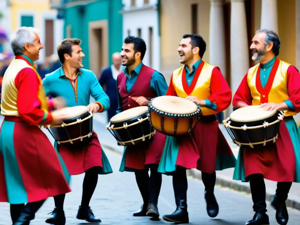 Grupo de músicos asturianos interpretando el redoble con pasión y energía