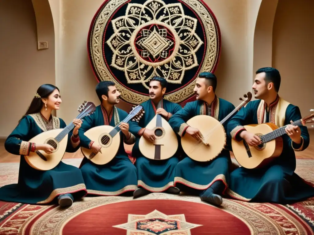 Un grupo de músicos azerbaiyanos vestidos con trajes tradicionales, tocando el tar en un círculo