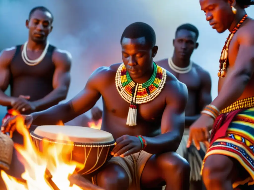 Un grupo de músicos y bailarines africanos se reúnen alrededor de una gran fogata, vistiendo coloridos trajes tradicionales y elaborados adornos de cuentas