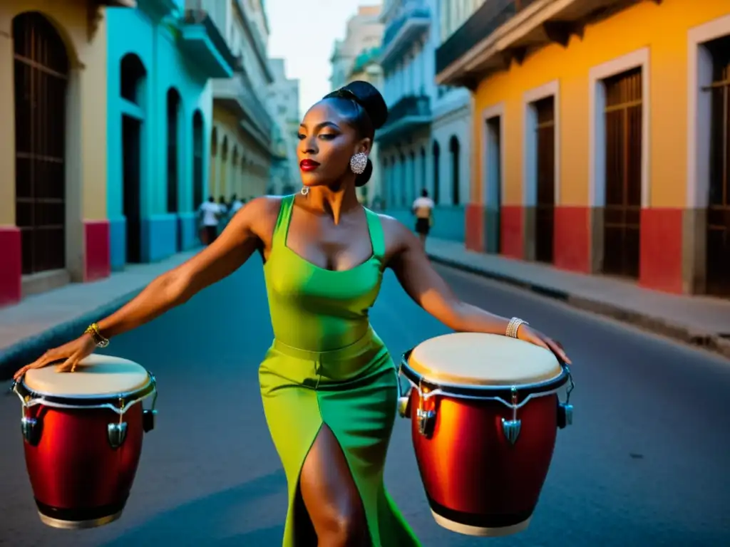 Un grupo de músicos y bailarines AfroCubanos en una calle de La Habana, mostrando el origen y evolución de la Rumba con pasión y colorido