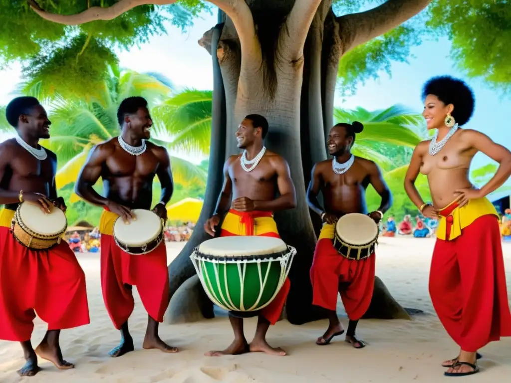 Grupo de músicos y bailarines afrocubanos bajo un ceiba, celebrando la historia y significado cultural de la Mozambique con energía y orgullo