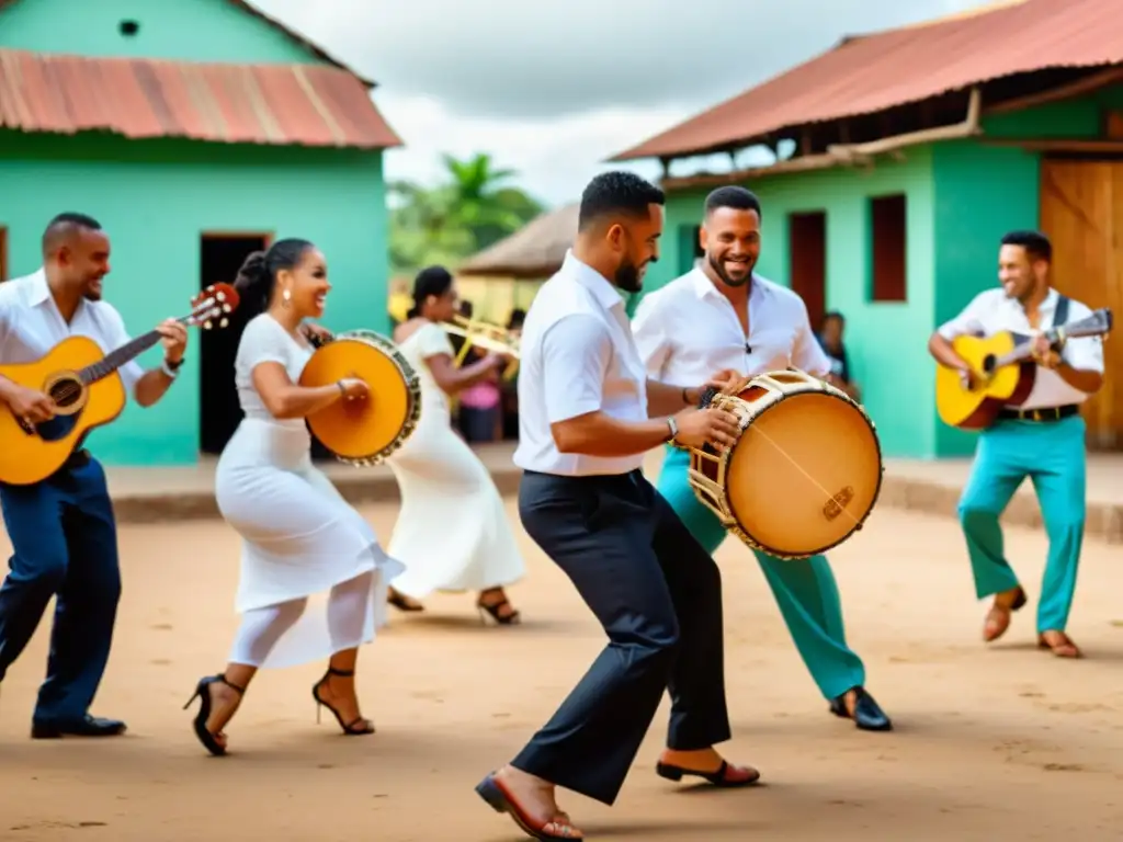Bachata tradicional y urbana: músicos y bailarines en armonía Un grupo de músicos y bailarines de bachata, con trajes tradicionales y una atmósfera vibrante que capta la historia y evolución de la bachata