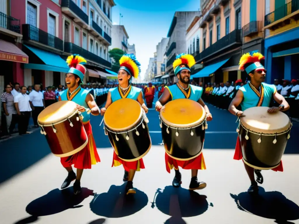 Grupo de músicos y bailarines de Candombe uruguayo danzando con pasión y colorido en las calles de Montevideo, mostrando resistencia cultural