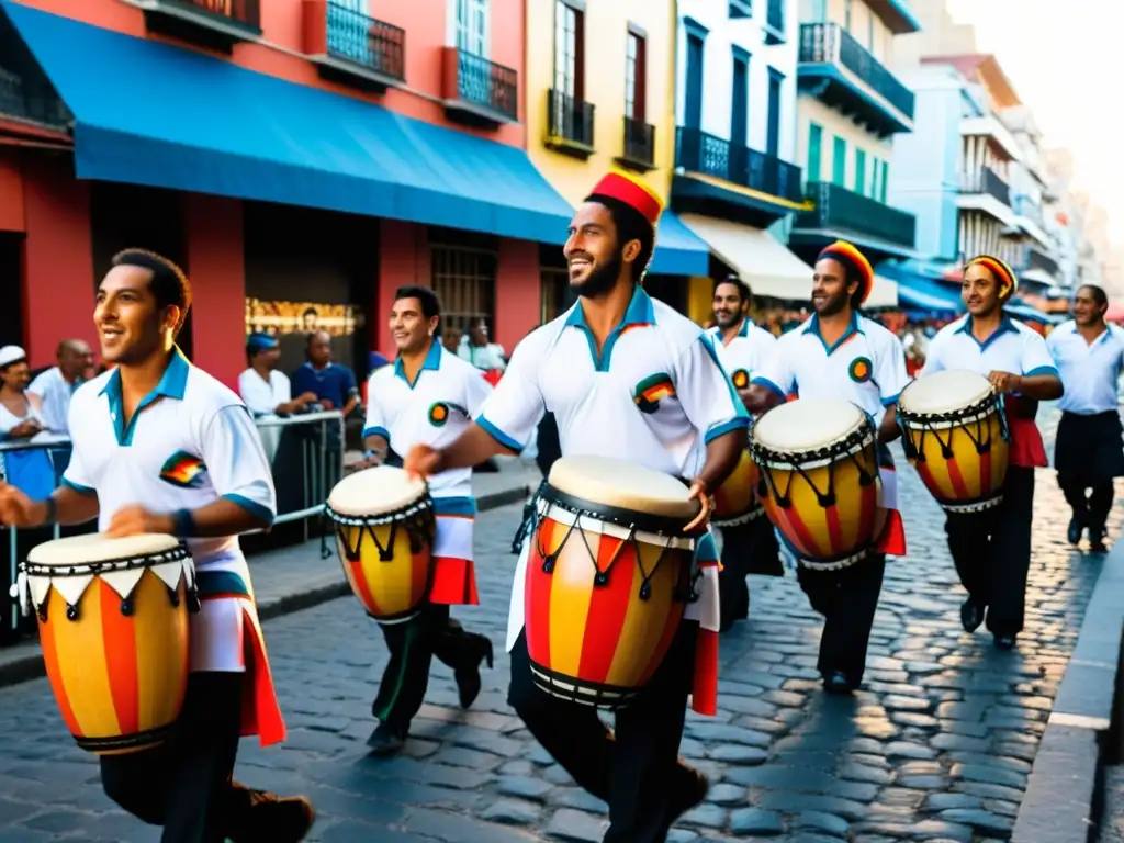 Grupo de músicos y bailarines de candombe uruguayo, expresando resistencia cultural con pasión y orgullo en las calles de Montevideo al atardecer