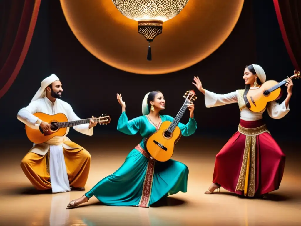 Grupo de músicos y bailarines realizando una cautivadora danza árabe con influencia del oud, en trajes vibrantes y expresiones llenas de emoción