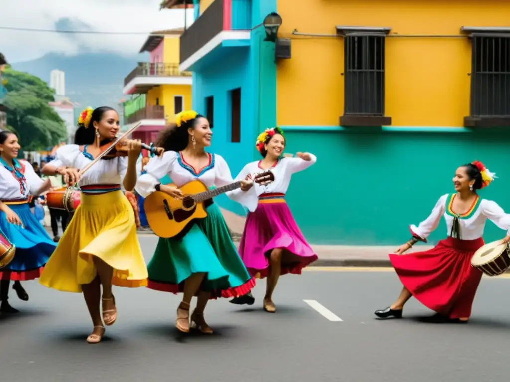 Un grupo de músicos y bailarines colombianos celebran la conservación de la cumbia en diáspora, en una bulliciosa calle extranjera