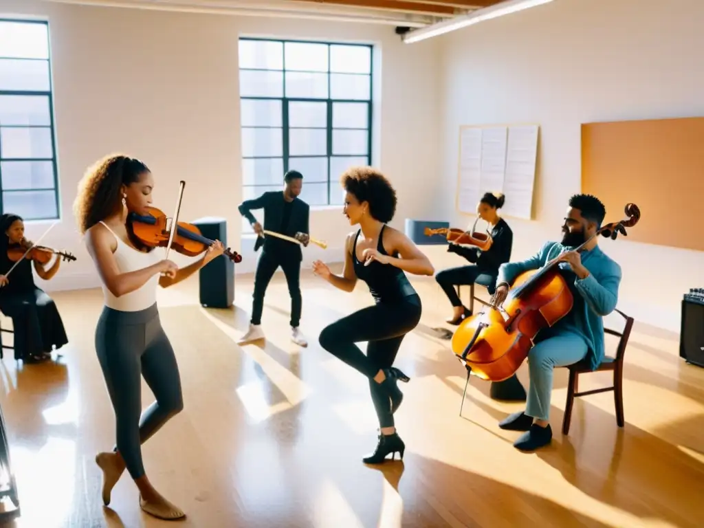 Un grupo de músicos y bailarines colaborando en un estudio vibrante, con partituras, instrumentos y accesorios de danza