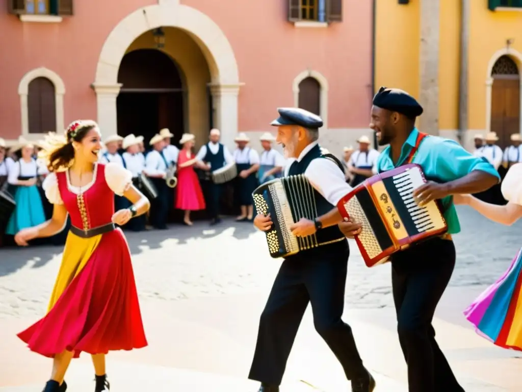 Grupo de músicos y bailarines en una piazza italiana, con trajes tradicionales y una animada tarantela