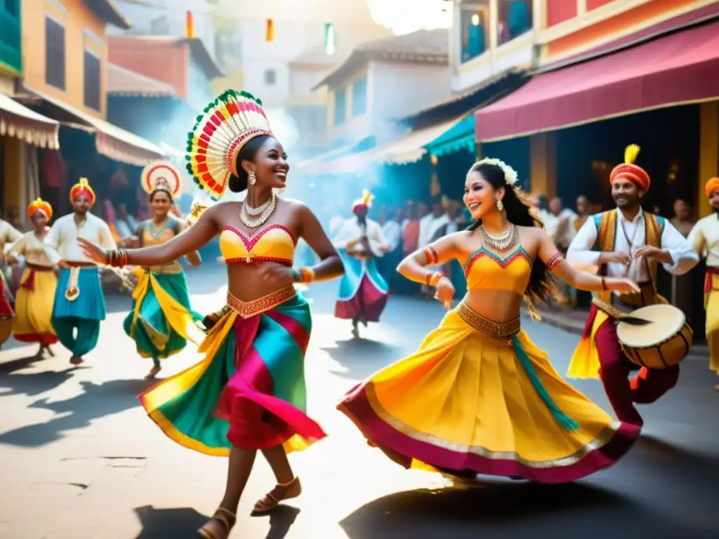 Grupo de músicos y bailarines en un mercado vibrante, con música auténtica para danzas exóticas