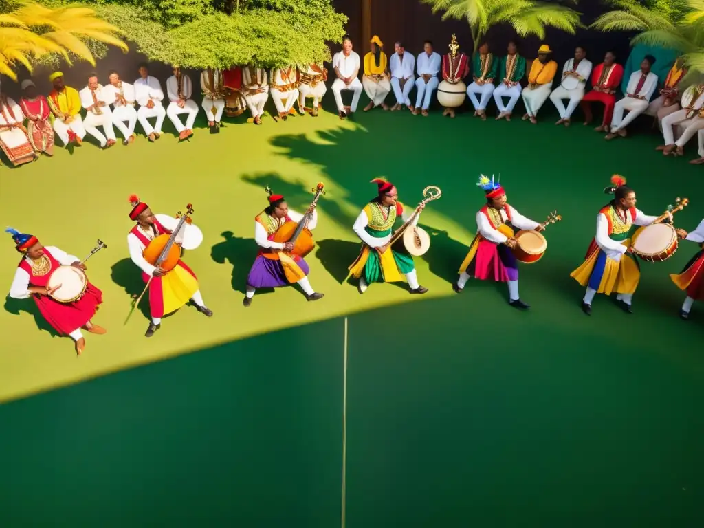 Un grupo de músicos y bailarines crean música original para danzas tradicionales en un escenario al aire libre, rodeados de color y pasión