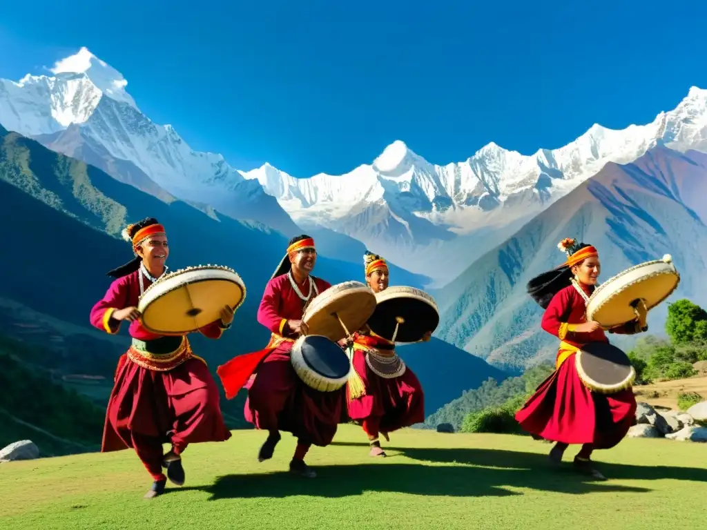 Grupo de músicos y bailarines Panchebaja nepalí en vibrantes trajes, con los Himalayas de fondo