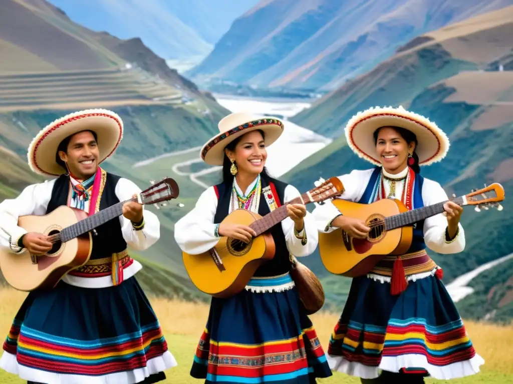 Grupo de músicos y bailarines peruanos interpretando el Vals peruano en trajes tradicionales frente a los Andes