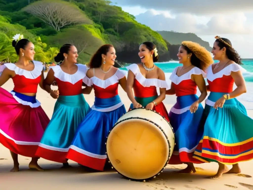 Grupo de músicos y bailarines puertorriqueños en la playa, realizando la tradicional Bomba puertorriqueña con pasión y significado cultural