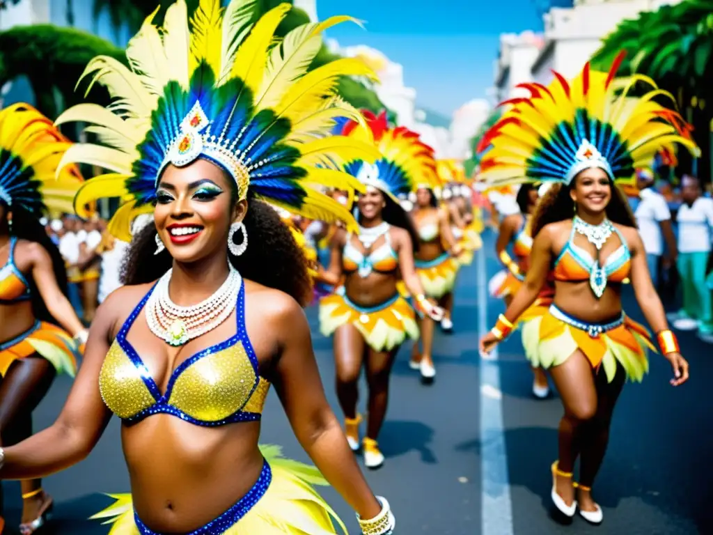 Grupo de músicos y bailarines de Samba tradicional en el Carnaval de Río de Janeiro