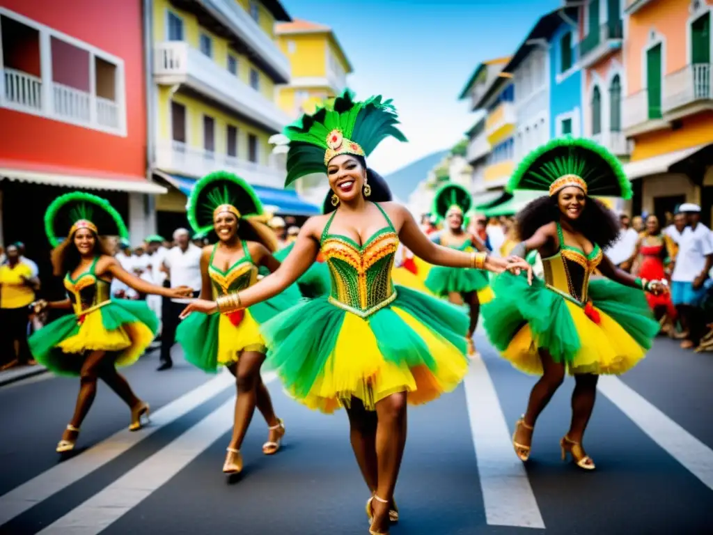 Grupo de músicos y bailarines de samba tradicional Brasil en desfile vibrante durante el carnaval en Río de Janeiro