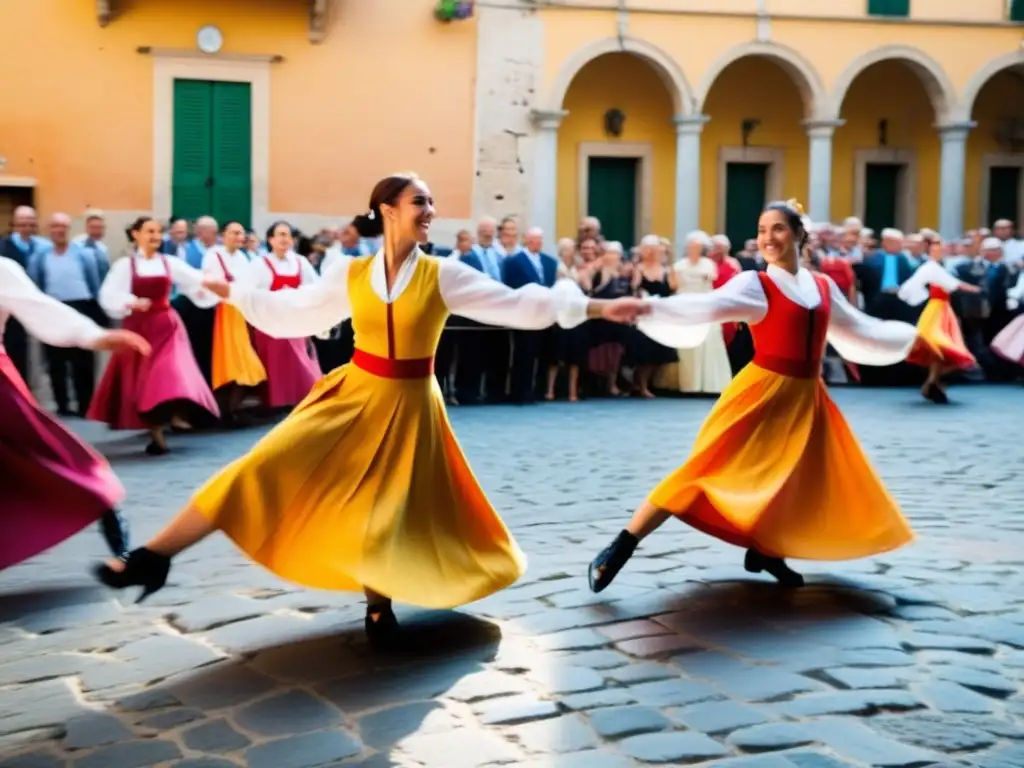 Grupo de músicos y bailarines con trajes tradicionales en una animada plaza en el sur de Italia, celebrando el resurgimiento de la danza pizzica en Italia con alegría y energía contagiosa