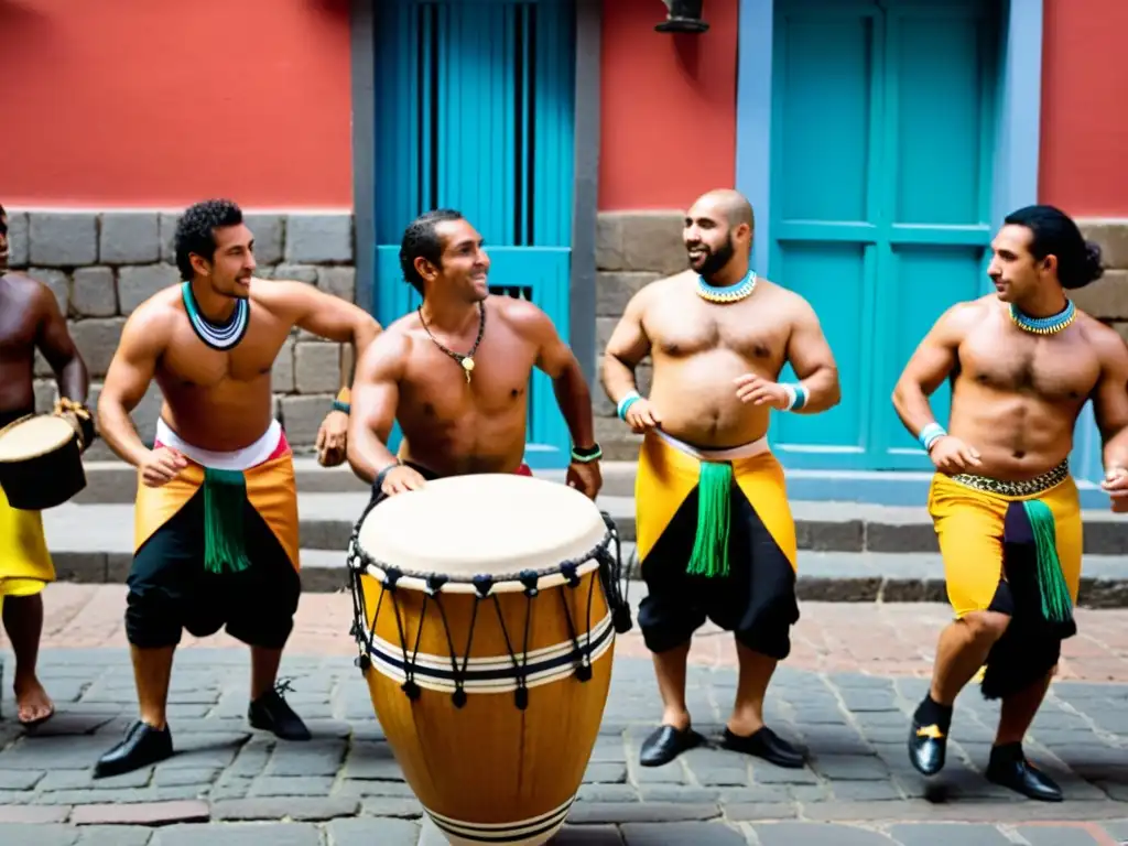 Grupo de músicos y bailarines uruguayos en una vibrante danza de Candombe, expresando su resistencia cultural y pasión