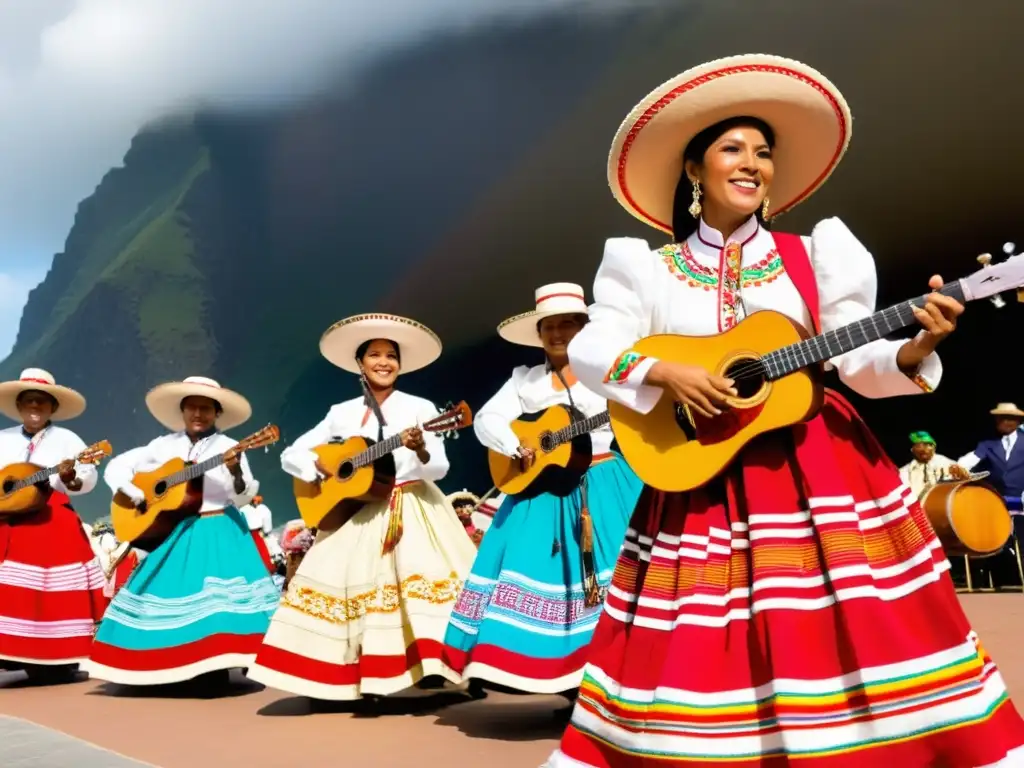 Un grupo de músicos y bailarines ejecutan el Vals criollo peruano en una plaza costera, exudando elegancia y emoción