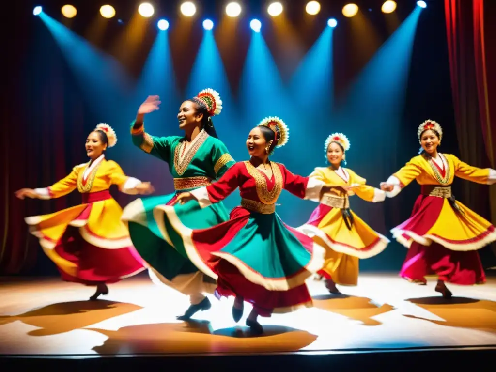 Grupo de músicos y bailarines en vibrantes trajes tradicionales, ofreciendo una cautivadora actuación de música y danza tradicional