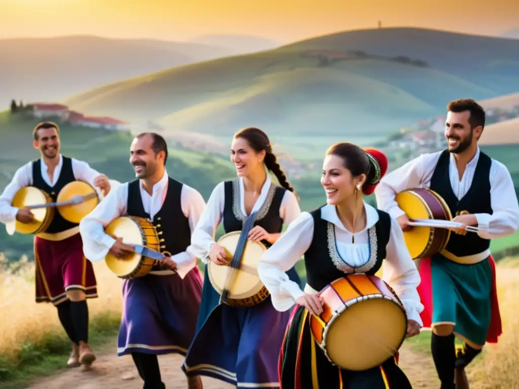 Grupo de músicos balcánicos influenciados por ritmos otomanos, tocando enérgicamente en un paisaje rural con bailarines entusiastas