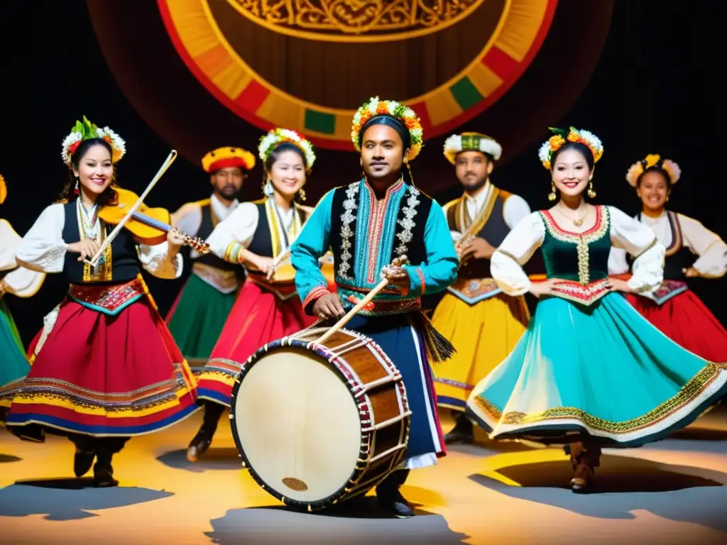 Un grupo de músicos construye banda sonora danza folclórica, rodeados de trajes vibrantes y bailarines