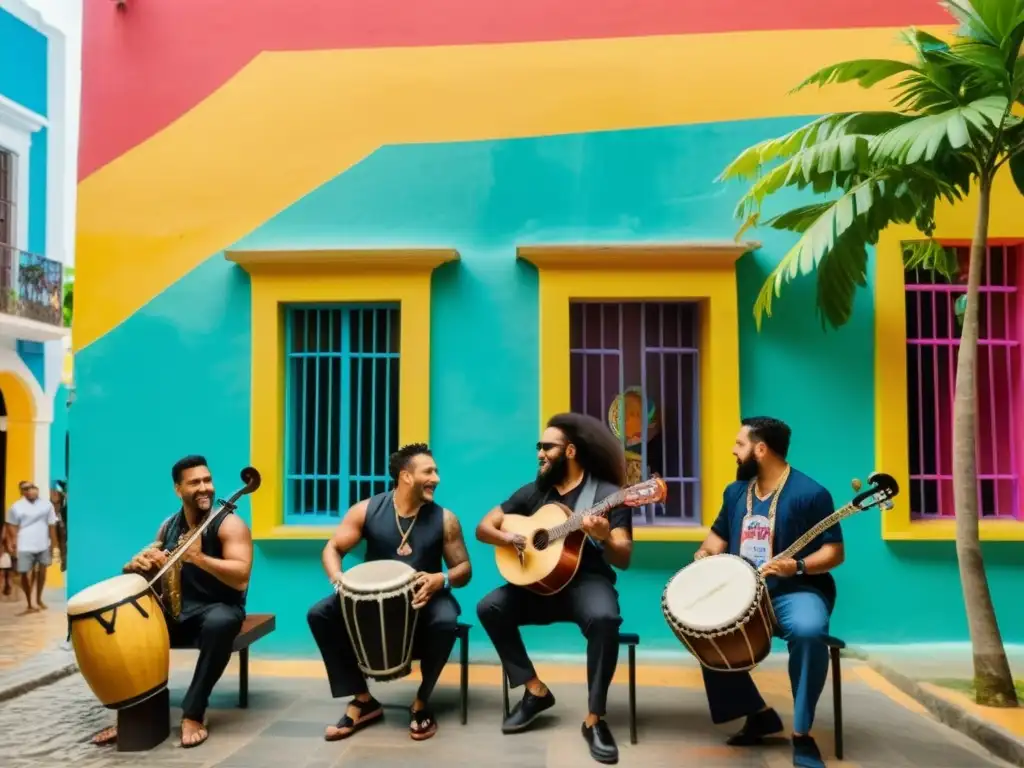 Grupo de músicos tocando Bomba en una plaza de Puerto Rico