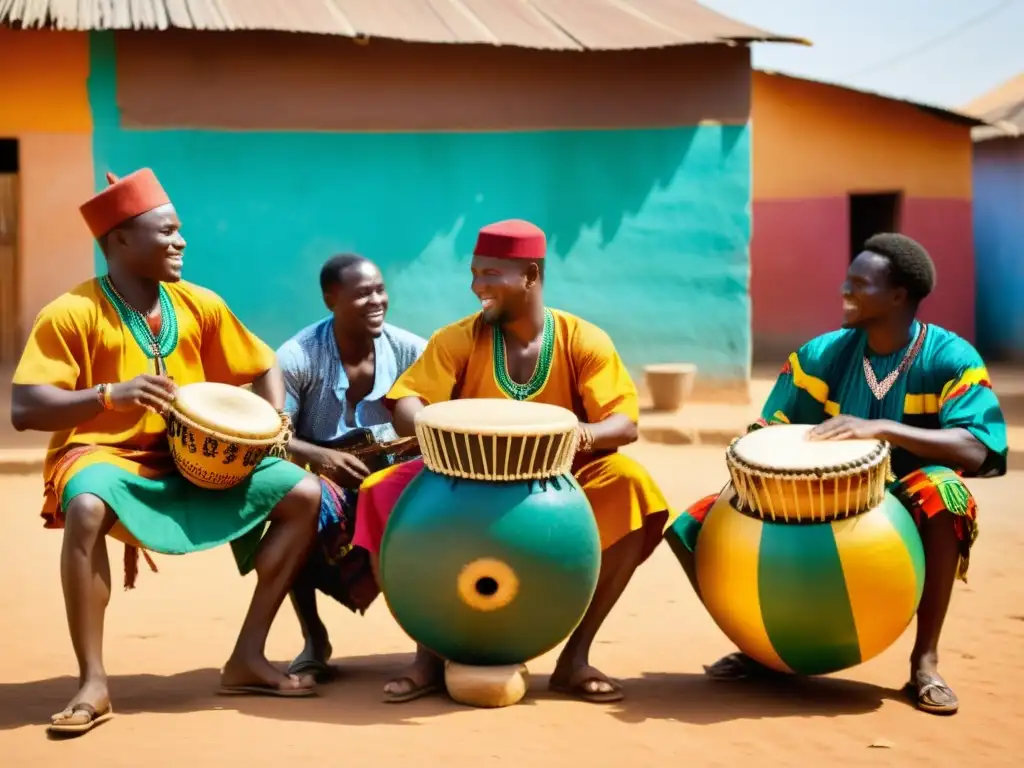 Grupo de músicos cameruneses tocando instrumentos tradicionales Makossa en una animada plaza de pueblo, rodeados de telas coloridas y figuras bailando