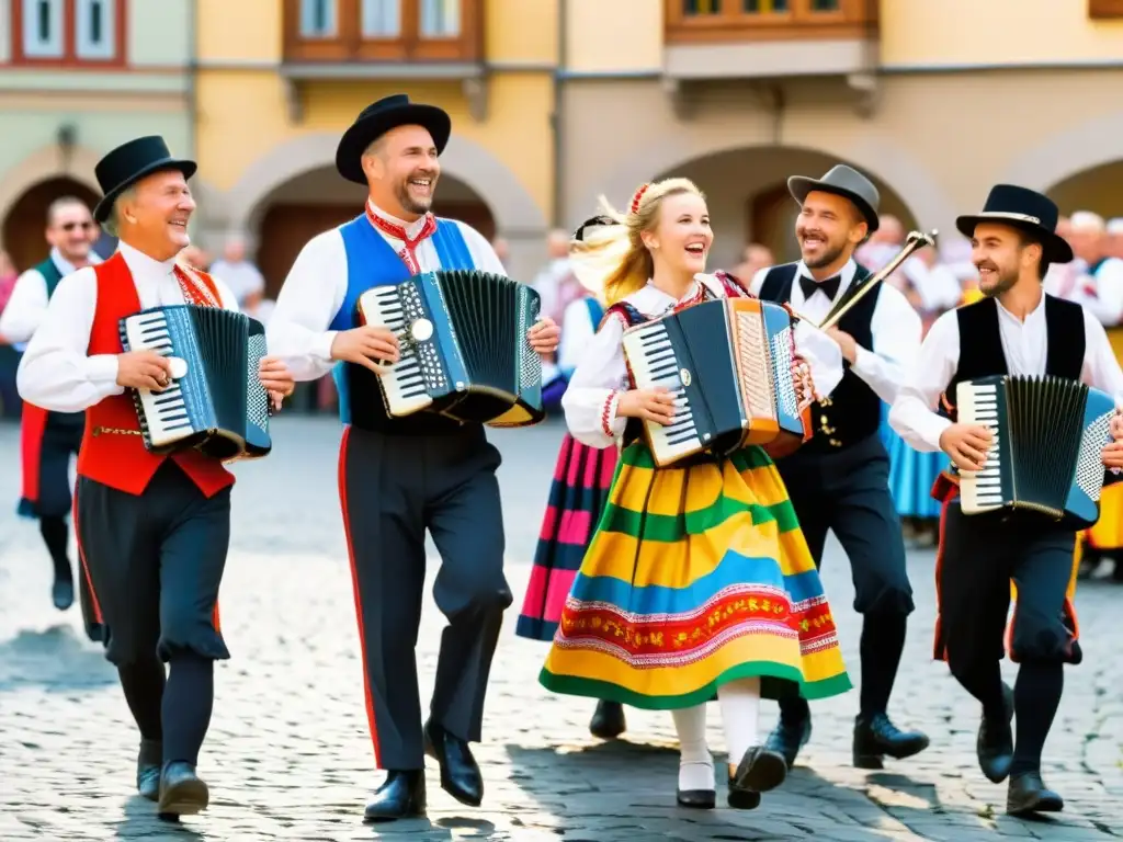 Grupo de músicos checos tradicionales tocando polka con entusiasmo en un festival local