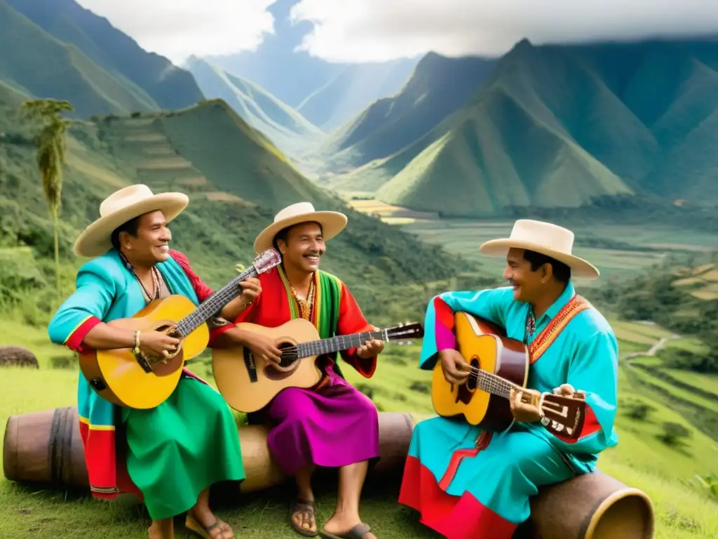 Un grupo de músicos colombianos tocan el bambuco en las montañas andinas