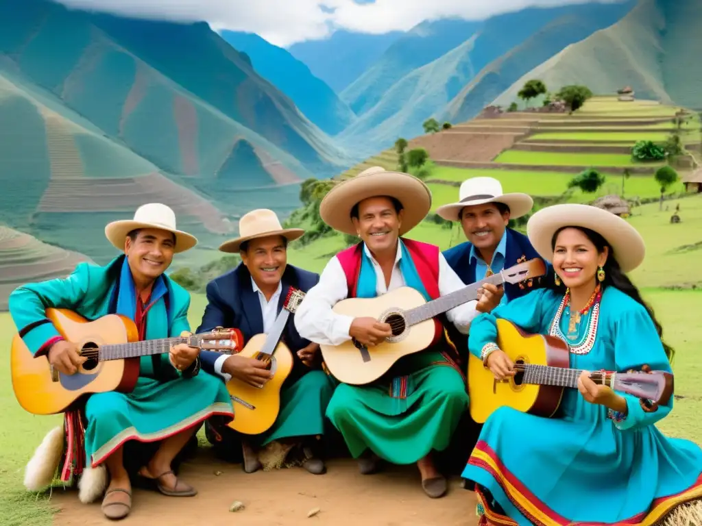 Grupo de músicos colombianos tocando música andina en el tiple, con coloridos trajes tradicionales, en un paisaje campestre