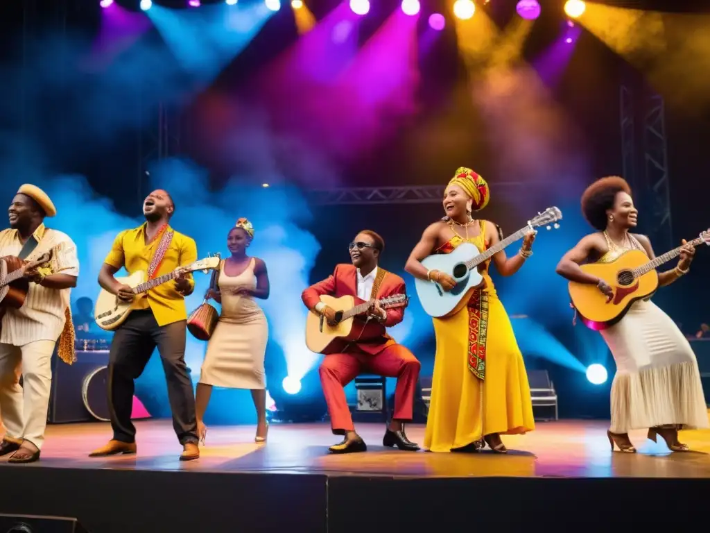 Grupo de músicos congoleños interpretando Soukous en un escenario al aire libre, con vestimenta tradicional, movimientos enérgicos y una mezcla de instrumentos modernos y tradicionales, creando una representación visual dinámica y cautivadora de la influencia del ritmo Soukous en la música y dan