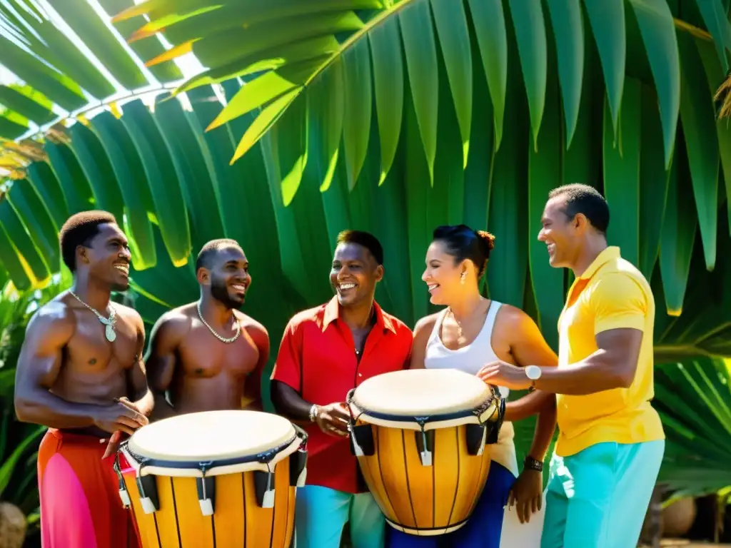 Grupo de músicos cubanos tocando instrumentos tradicionales bajo una palmera