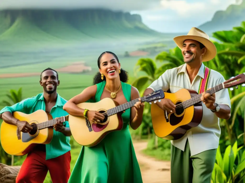 Un grupo de músicos cubanos tocando instrumentos tradicionales en un escenario rural