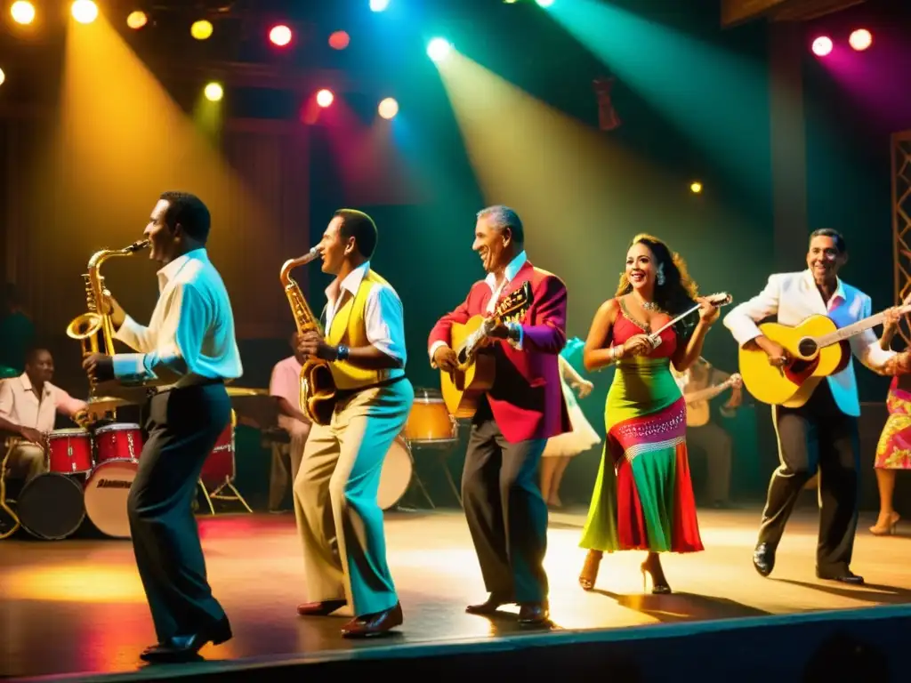 Un grupo de músicos cubanos tocan mambo en un animado salón de baile, vistiendo trajes tradicionales