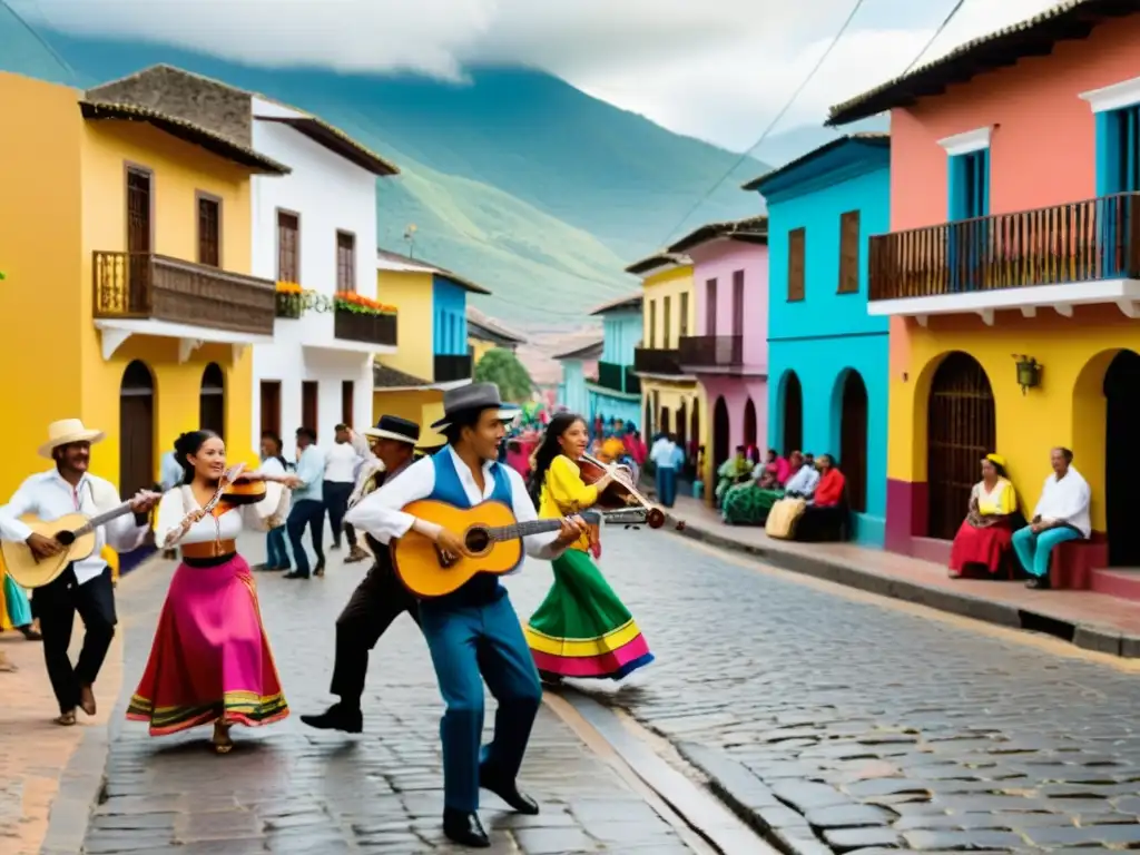 Grupo de músicos tocando cumbia en una animada calle colombiana