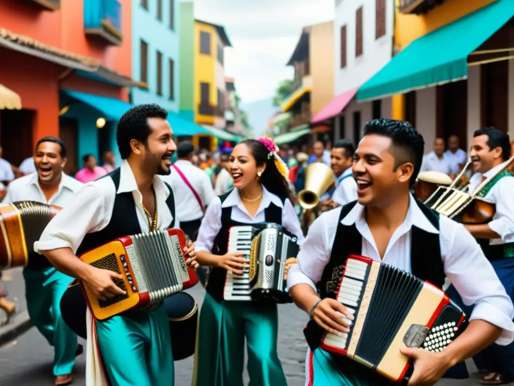 Grupo de músicos tocando cumbia en la calle de una ciudad latinoamericana, con gente disfrutando la música