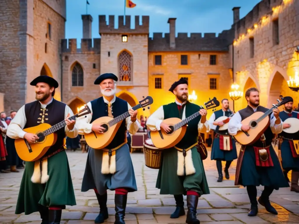 Un grupo de músicos recreando música y danzas medievales europeas en un castillo histórico