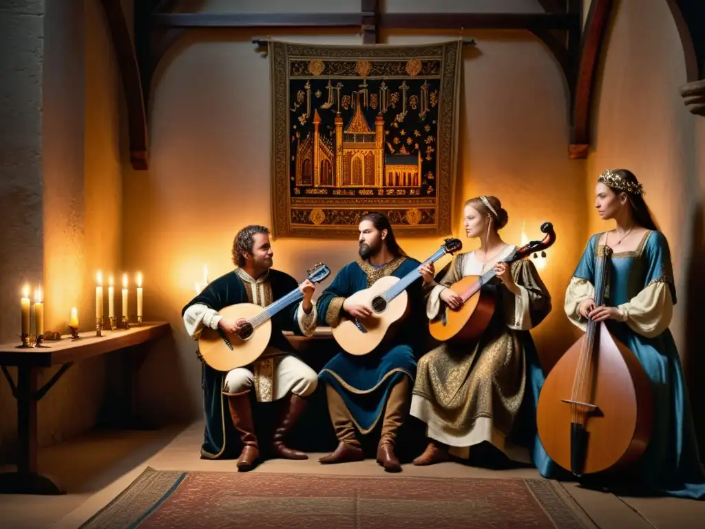 Grupo de músicos recreando música y danzas medievales europeas en un salón iluminado por velas y decorado con tapices