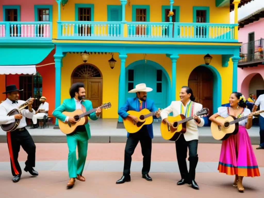 Grupo de músicos de la diáspora colombiana interpretando cumbia tradicional en una plaza vibrante y colorida, conservación de la cumbia en diáspora